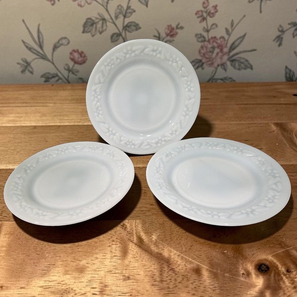 Hazel Atlas Milk Glass Salad Plates, Set of 3, Vintage Floral Embossed‎ Dishes